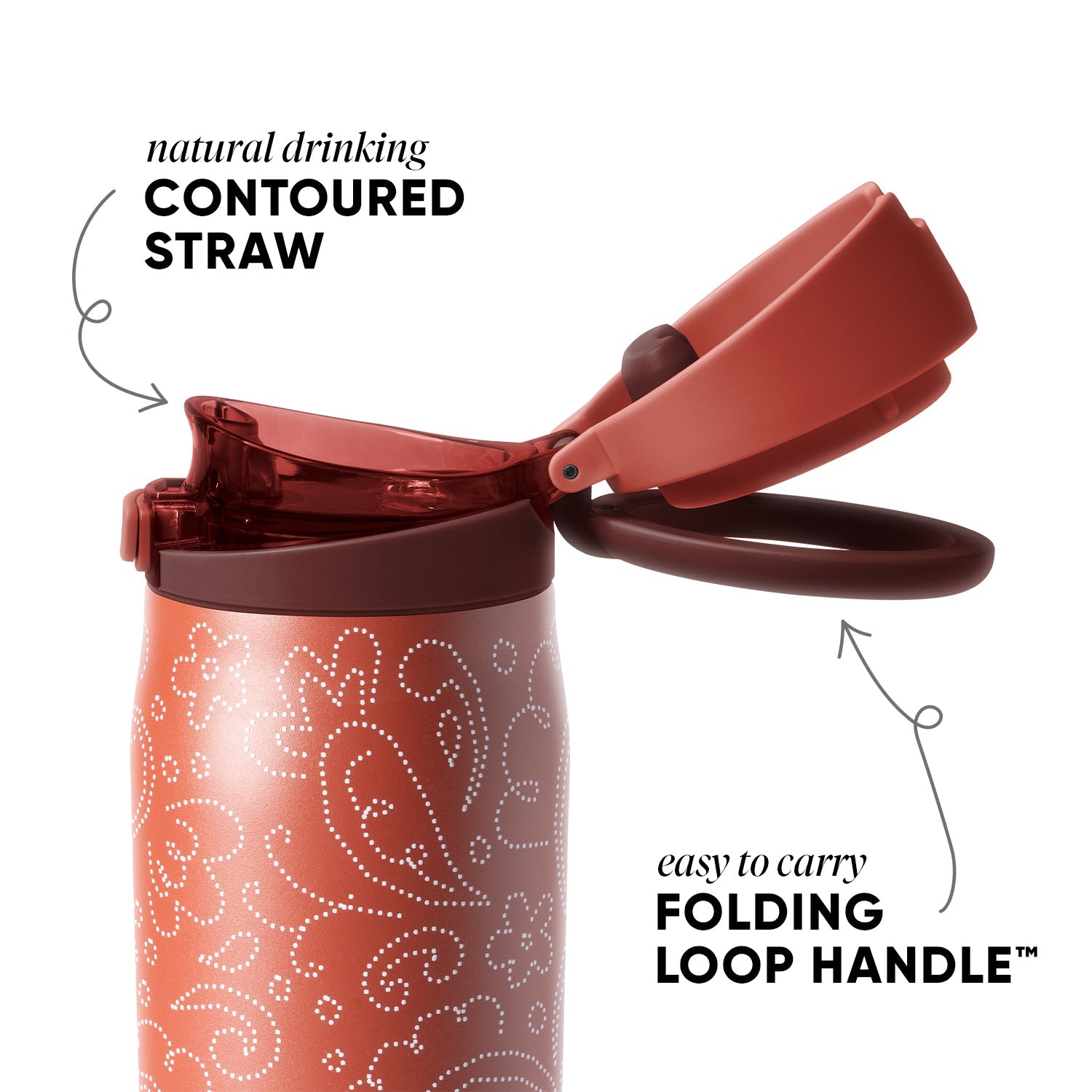 Simple Modern Mesa Loop Water Bottle with Straw | 30oz Cup Holder Friendly Insulated Stainless Steel Bottles for Travel, Sports and School | Maroon Boho Paisley